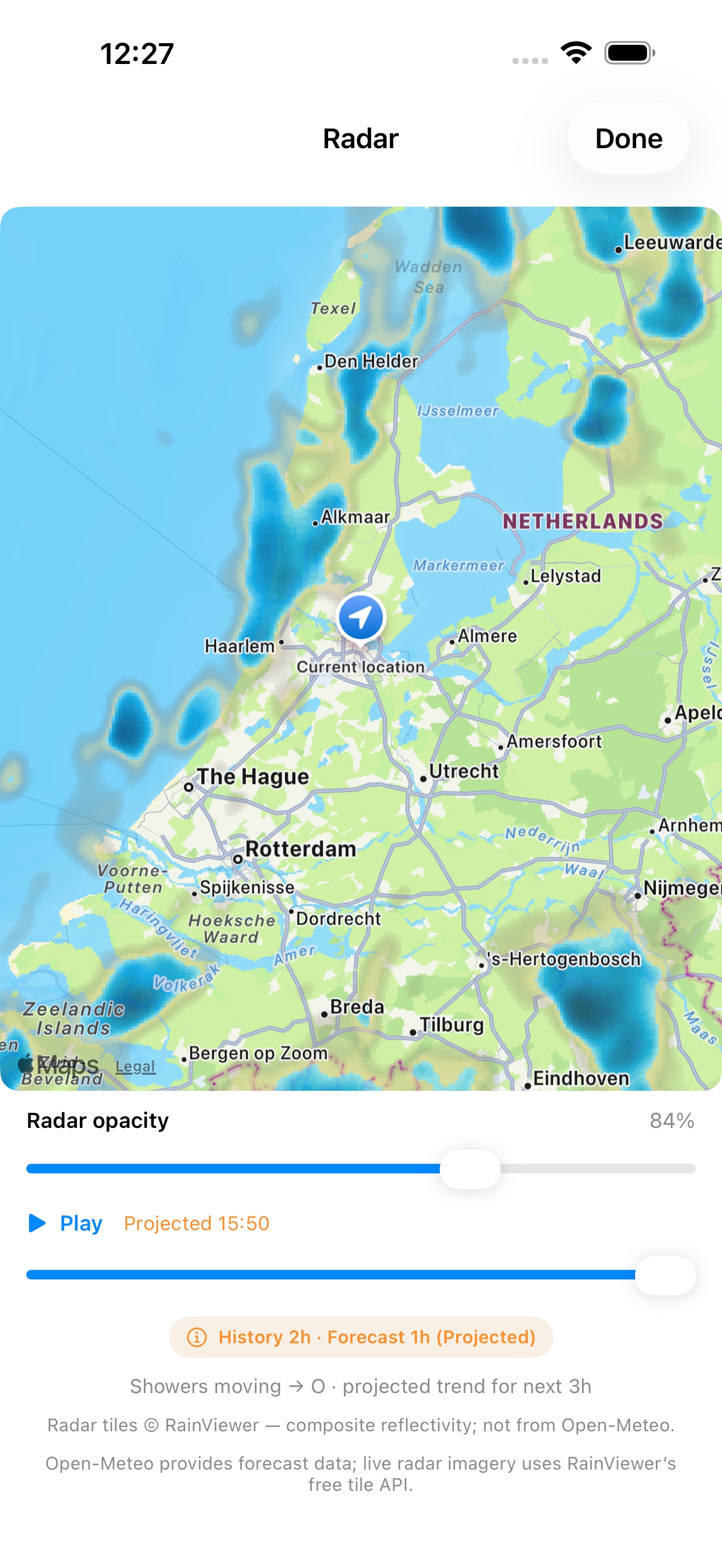 Screenshot: radar map in Honest Weather